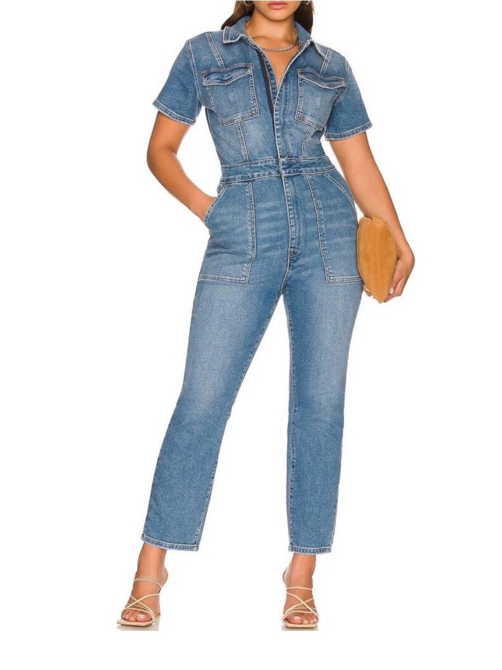Good American Blue Short-Sleeve Denim Jumpsuit